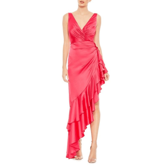 Mac Duggal NWT Asymmetrical Ruffled Hem V-Neck Dress in Hot Pink Size 4 - Picture 1 of 7